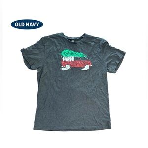 Old Navy EUC Men’s Holiday Shirt Gray Large Truck Tree Dashing Through the Snow